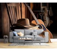 3D Soie Papier Peint Panoramique Scène De Musique Country Rétro,450×315Cm (W×H),Guitare Acoustique Chaise En Bois Grandes Murales Tapisserie Pour Salon, Adulte Chambre D'Enfants,Étude Décoration,Brun
