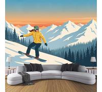 3D Soie Papier Peint Panoramique Ski Montagne Enneigée, 350x250cm XXL Tableaux Muraux Coucher Soleil Sur Montagnes Enneigées Tapisserie Photo Décoration Murale pour Salon, Chambre d'enfants, Étude,