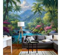 3D Soie Papier Peint Panoramique Végétation Luxuriante Cours D'Eau, 350x250cm XXL Tableaux Muraux Forêt Tropicale Humide Tapisserie Photo Décoration Murale pour Salon, Chambre d'enfants, Étude, Bleu