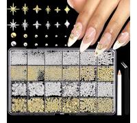 3D Stern Nagel Anhänger, Gold & Silber Multi-Formes Métal Nail Art Pierres Petites Perles de Caviar Bijoux Strass Accessoires Pinceaux Stylos Cire DIY Manucure Décorations