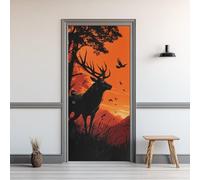 3D Sticker Porte 90x215cm Cerf Animal Poster de Porte Silhouette De Cerf Autocollant Porte Auto-Adhésif Coucher De Soleil Forêt Stickers Muraux PVC Imperméable Amovible pour Chambre Salon