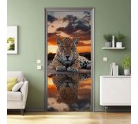 3D Sticker Porte Animal De Jungle, Jaguar Au Coucher Du Soleil Sticker Mural Porte Décoration pour Cuisine Chambre Salon Salle de Bain, PVC Amovible Autocollant Stickers Muraux 80 x 210 cm