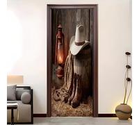 3D Sticker Porte Intérieur Sticker 83x205 cm ThèMe Denim DIY Autocollant Porte Amovible Imperméable Stickers Muraux Brun Papier peint photo Auto-adhésif Cuisine Chambre