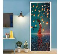 3d Sticker Porte Trompe L'oeil Fille Lanterne Stickers Muraux DéCoration De La Maison Autocollant Mural Autocollant D'Art Chambre Salon Affiche Amovible,77x200cm