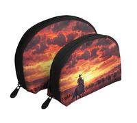 3D Sunset Riding Cowboy Sacs de maquillage 2 pièces Portable Shell Voyage Trousse de toilette, blanc, Taille unique