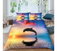 3D Super Soft Microfiber Dolphin jump sunset Bedding Quilt Cover All Season Bedding Set w/ Pillow Cases Nature Bed Quilt Cover Easy Care Breathable Washable for Kids Teens Adults Double（200x200cm）