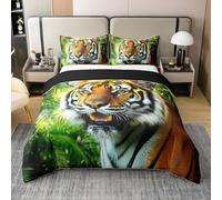 3D Tigre Coton Housse de Couette 140x200,Safari Tigres Animaux Parure de Lit pour Enfant Adolescent,Chasse Tribale Faune Microfibre Literie Set pour Le Lit,Grand Chat Animal Sauvage Couvre Lit