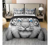 3D Tigre Coton Housse de Couette 200x200,Tigres Blancs Animaux Parure de Lit pour Lit,Chasse Tribale Safari Faune Douce Literie Set pour Enfants Adolescents,Grand Chat Animal Sauvage Couvre Lit
