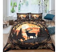 3D Ultra Soft Microfibre Forest Deer Silhouette Duvet Cover Set Easy Care Bedding Pillow Cases Nature Sunset Art Bedding Quilt Cover All Season Breathable Washable Bedroom Decor Super ki (260x220cm)