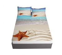 3D Vagues Plage Impression Housse de Matelas Antidérapants Drap Housse, Ouduo Confortable Respirant Microfibre Drap-Housse Poche 30cm Profonde + 2 Taies d'Oreillers (étoile de mer,160x200x30cm)