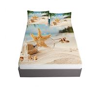 3D Vagues Plage Impression Housse de Matelas Antidérapants Drap Housse, Ouduo Confortable Respirant Microfibre Drap-Housse Poche 30cm Profonde + 2 Taies d'Oreillers (conque,160x200x30cm)