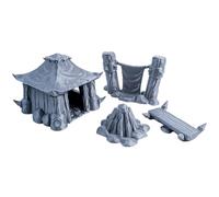 3D Vikings Ensemble de Campement Orc: Cabane Rustique, Bannière de Bataille, Feu de Camp Confortable et Banc en Bois - Échelle 28/32mm - Idéal pour Les Jeux de Rôle et de Guerre sur Table
