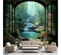 3D Vue de la Fenêtre Rural Film Autocollant Stickers Muraux Cascade Fleurs Plantes Papier Peint, Soleil Plantes Mural pour Salon Chambre Décoratif Murale Pour Meuble Stickers Muraux 366 x 254 cm