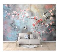 3D Wall Mural Self-adhesive Wallpaper Plum blossom flowers, birds, butterflies vintage 100x70cm Large Home Decor for Bedroom Indoor and Tv Background Art