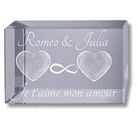 3Dglas 3D Cristal Cuboïde XL 80mm | 2 cœurs et l'infini | Noms et Mots d'amour gravés | Don d'amour