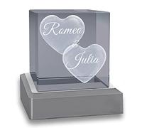 3Dglas Cristal Je t'aime y Compris la Socle Lumineuse Brille très Fort Cubes 50 mm gravés au Laser | Cadeau pour la Saint Valentin