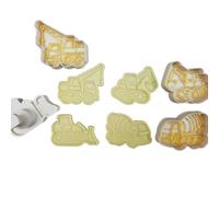 3DKOUPE - Emporte-pièces à poussoir sur le thème des engins de chantier - Pelleteuse, Grue, Bétonnière, Bulldozer - Pâtisserie créative enfants - Fabriqué en France (Lot de 4)