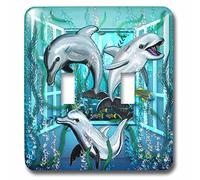 3dRose (lsp_266090_2) Double interrupteur à bascule (2) Trois dauphins vivants nagent à travers une fenêtre ouverte sous la mer