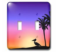 3dRose LSP_76698_2 Interrupteur à bascule double Motif palmiers tropicaux et silhouette pélican au coucher du soleil Plage nautique Bord de mer