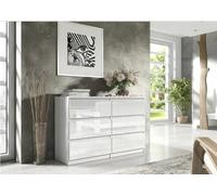 3E 3xE living.com Commode 6 tiroirs 120cm, Blanc Mat/Blanc Brillant, Parfaite pour Le Salon, Le Bureau, la Chambre. Dimensions: 120 x 38 x 78 cm.