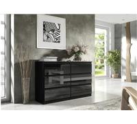 3E 3xE living.com Commode 6 tiroirs 140 cm Noir/Noir Brillant. D : 140 x 38 x 78 cm.