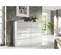 3E 3xE living.com Commode 8 tiroirs 140 cm, couleur blanc/blanc brillant, dimensions 140 x 39 x 101 cm