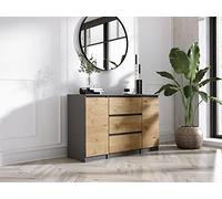 3E 3xE living.com Commode avec 2 Portes, 3 tiroirs Anthracite & chêne Lancelot, L: 120 cm, H: 79 cm, P: 39 cm