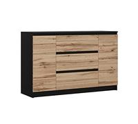 3E 3xE living.com Commode avec 2 Portes, 3 tiroirs Noir & chêne wotan, L : 120 cm, H : 79 cm P : 39 cm