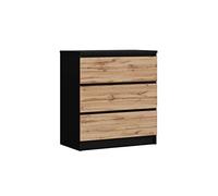 3E 3xE living.com Commode avec 3 tiroirs Noir/Chêne wotan, L : 70 cm, H : 79 cm P : 39 cm
