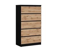3E 3xE living.com Commode avec 5 tiroirs Noir/Chêne wotan, L : 70 cm, H : 125 cm P : 39 cm