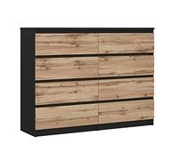 3E 3xE living.com Commode avec 8 tiroirs Noir & chêne wotan, L : 120 cm, H : 101 cm, P : 39 cm