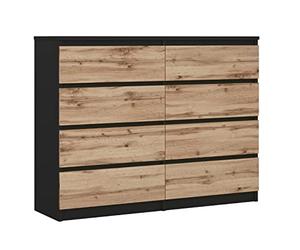 3E 3xE living.com Commode avec 8 tiroirs Noir & chêne wotan, L : 120 cm, H : 101 cm, P : 39 cm