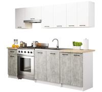 3E 3xE living.com Ensemble de Cuisine : Un tiroir, Onze Portes, Douze étagères, Couleur : Blanc | béton, Dimensions du Meuble : Largeur : 240 cm, Hauteur : 203 cm, Profondeur : 46 cm.