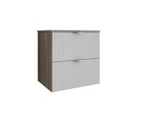 3E 3xE living.com Meuble de Salle de Bain à façade rainurée de 60 cm avec 2 tiroirs, Noyer foncé (MDF), façades Blanches et poignée dorée, 60 × 47 × 60 cm