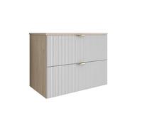 3E 3xE living.com Meuble de Salle de Bain à façade rainurée de 80 cm avec 2 tiroirs, Noyer Clair (MDF), façade Blanche et poignée dorée, 80 × 47 × 60 cm