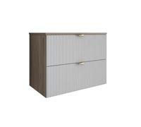3E 3xE living.com Meuble de Salle de Bain à façade rainurée de 80 cm avec 2 tiroirs, Noyer foncé (MDF), façades Blanches et poignée dorée, 80 × 47 × 60 cm