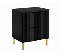 3E 3xE living.com Meuble de Salle de Bain sous Vasque avec Plan, 2 Tiroirs à Fermeture Douce, Façade Cannelée MDF 16 mm, Noir + Plan Chêne Craft, Poignées Fraisées, Pieds Dorés, 60 x 46 x 73,6 cm