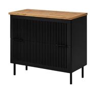 3E 3xE living.com Meuble de Salle de Bain sous Vasque avec Plan, 2 Tiroirs à Fermeture Douce, Façade Cannelée MDF 18 mm, Noir + Plan Chêne Craft, Poignées Noires, Pieds Noirs, 80 x 46 x 73,6 cm