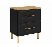 3E 3xE living.com Meuble de Salle de Bain sous Vasque avec Plan, 2 Tiroirs à Fermeture Douce, Façade Cannelée MDF 19 mm, Noir + Plan Chêne Craft, Poignées Dorées, Pieds Dorés, 60 x 46 x 73,6 cm