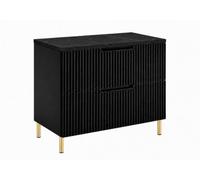 3E 3xE living.com Meuble de Salle de Bain sous Vasque avec Plan, 2 Tiroirs à Fermeture Douce, Façade Cannelée MDF 16 mm, Noir + Plan Chêne Craft, Poignées Fraisées, Pieds Dorés, 80 x 46 x 73,6 cm