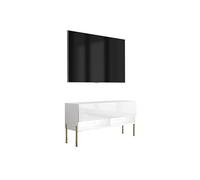 3E 3xE living.com Meuble TV 100 cm Blanc Mat/Blanc Brillant, Pieds Droits dorés, LED Blanche, 100 × 32 × 52 cm
