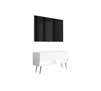 3E 3xE living.com Meuble TV 100 cm Blanc Mat, Pieds obliques dorés, LED Blanche, 100 × 32 × 52 cm