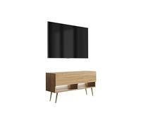 3E 3xE living.com Meuble TV 100 cm Chêne Craft, Pieds obliques dorés, LED Blanche, 100 × 32 × 52 cm