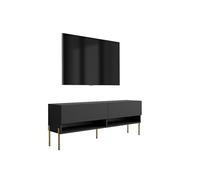 3E 3xE living.com Meuble TV 140 cm Noir Mat, Pieds Droits dorés, 140 × 32 × 52 cm