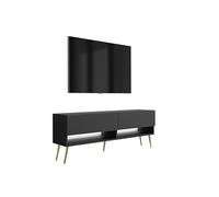3E 3xE living.com Meuble TV 140 cm Noir Mat, Pieds obliques dorés, LED Blanche, 140 × 32 × 52 cm