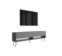 3E 3xE living.com Meuble TV 170 cm Anthracite, Pieds obliques dorés, LED Blanche, 170 × 32 × 52 cm