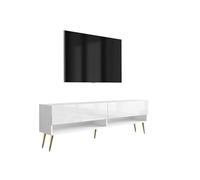 3E 3xE living.com Meuble TV 170 cm Blanc Mat/Blanc Brillant, Pieds obliques dorés, 170 × 32 × 52 cm