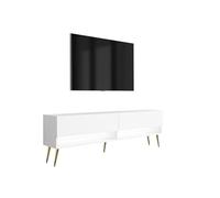 3E 3xE living.com Meuble TV 170 cm Blanc Mat, Pieds obliques dorés, LED Blanche, 170 × 32 × 52 cm