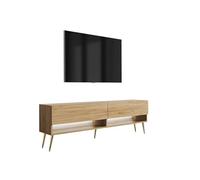 3E 3xE living.com Meuble TV 170 cm Chêne Craft, Pieds obliques dorés, LED Blanche, 170 × 32 × 52 cm