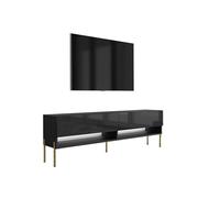 3E 3xE living.com Meuble TV 170 cm Noir Mat/Noir Brillant, Pieds Droits dorés, LED Blanche, 170 × 32 × 52 cm